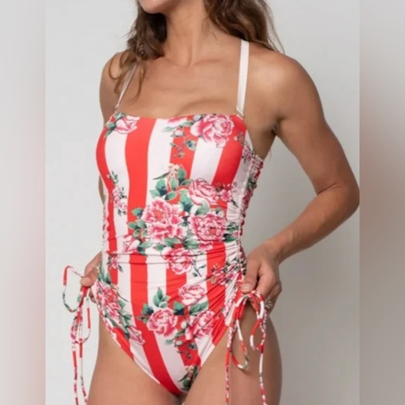 NEW We Are HaH One Piece Swimsuit Red Floral Stripe Ruched Snalll - Picture 1 of 8